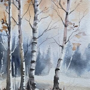 Ressam Aynur Akalın imzalı kış manzarası suluboya tablo, huş ağaçları ve kar temalı orijinal sanat eseri.