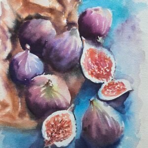 Ressam Aynur Akalın tarafından yapılmış, mor incirlerin ve kesilmiş meyve dokusunun resmedildiği ıslak teknik suluboya natürmort tablo.