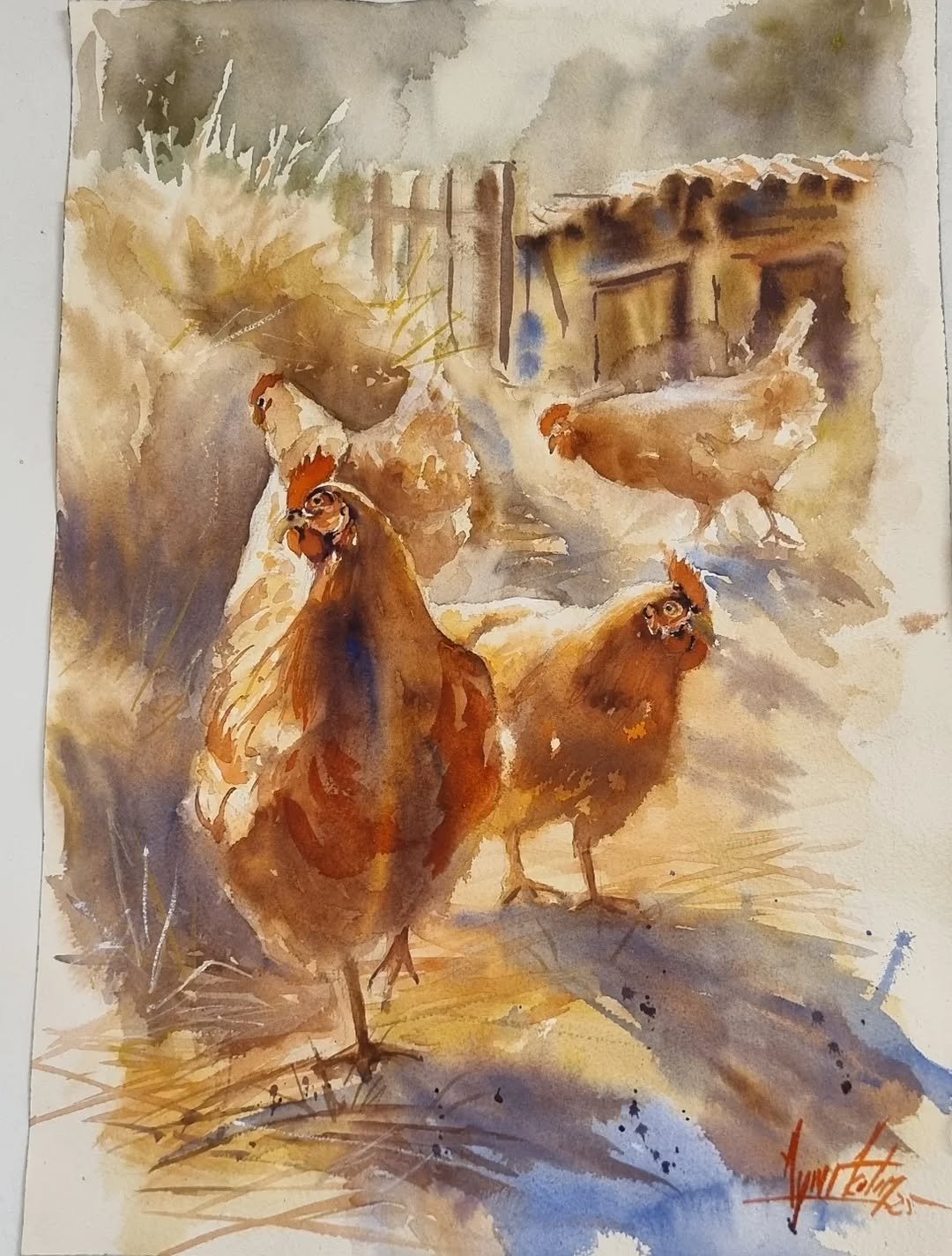 Ressam Aynur Akalın imzalı, ışık ve gölge detaylı tavuk figürlü orijinal suluboya tablo.