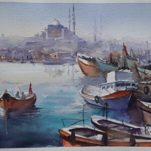 Aynur Akalın imzalı, İstanbul Eminönü kıyıları, balıkçı tekneleri ve Süleymaniye Camii silüeti temalı profesyonel suluboya tablo.