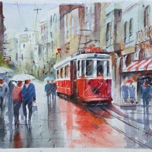 Aynur Akalın imzalı yağmurlu İstanbul İstiklal Caddesi ve kırmızı nostaljik tramvay temalı orijinal suluboya tablo.