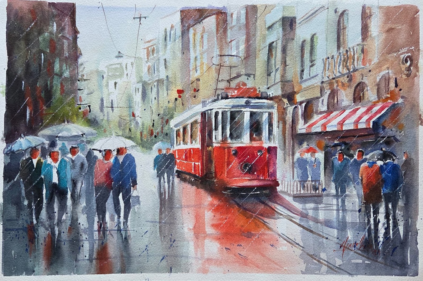 Aynur Akalın imzalı yağmurlu İstanbul İstiklal Caddesi ve kırmızı nostaljik tramvay temalı orijinal suluboya tablo.