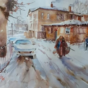 Karlı bir sokakta yürüyen figür ve eski evlerin resmedildiği sanatçı Aynur Akalın imzalı orijinal suluboya tablo.