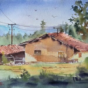 Ressam Aynur Akalın tarafından yapılmış, kırsal ev ve kuş figürleri içeren doğa manzaralı suluboya tablo.