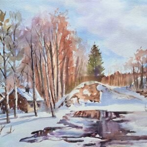 Karlı bir ormanda ahşap kulübe ve ağaçlar üzerine düşen güneş ışığı suluboya tablo çalışması.
