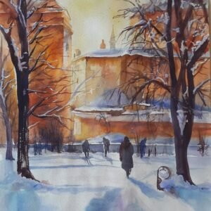 Karlı bir şehir parkında yürüyen figürler ve binalara vuran turuncu gün batımı ışığı betimlemeli Aynur Akalın suluboya tablosu.