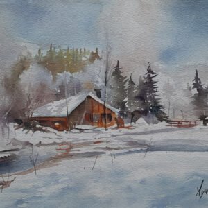 Kar altında ahşap dağ evi ve çam ağaçları betimlemeli, soğuk renk paletine sahip suluboya tablo çalışması.