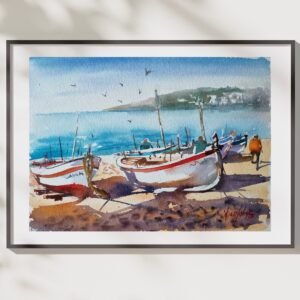 Sahildeki balıkçı tekneleri ve martılar temalı suluboya tablo çalışması.