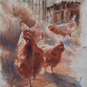 Ressam Aynur Akalın imzalı, gün ışığı altında tavuk figürlerinin işlendiği ekspresif suluboya tablo.