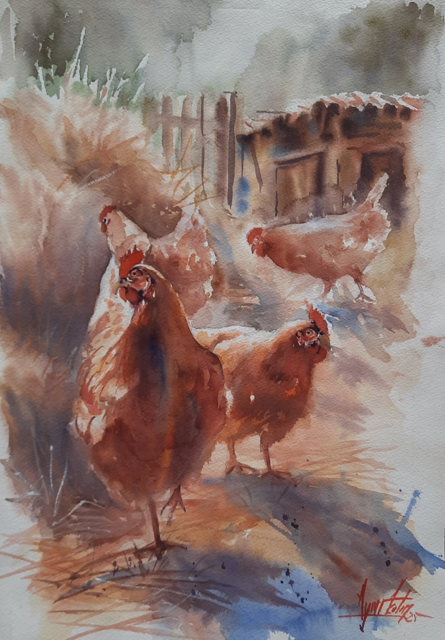 Ressam Aynur Akalın imzalı, gün ışığı altında tavuk figürlerinin işlendiği ekspresif suluboya tablo.