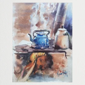 Mavi Çaydanlık ve Kuzine Ateşi - Orijinal Suluboya Tablo
