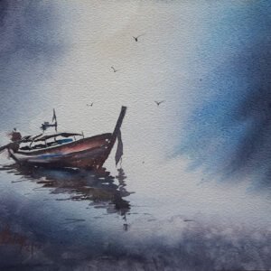 Mavi tonlarda puslu deniz üzerinde duran geleneksel balıkçı teknesi ve uçan kuşlar figürlü suluboya tablo, Aynur Akalın eserleri.