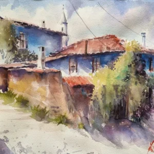 Mavi Evli Sokak Manzarası Orijinal Suluboya Tablo