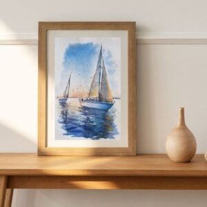 Mavi Yelkenliler ve Gün Batımı Temalı Orijinal Suluboya Tablo