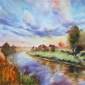 Aynur Akalın imzalı nehir manzaralı ve dramatik gökyüzlü orijinal suluboya tablo tasarımı.