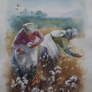 Pamuk tarlasında çalışan geleneksel kıyafetli kadınlar figüratif suluboya tablo çalışması.