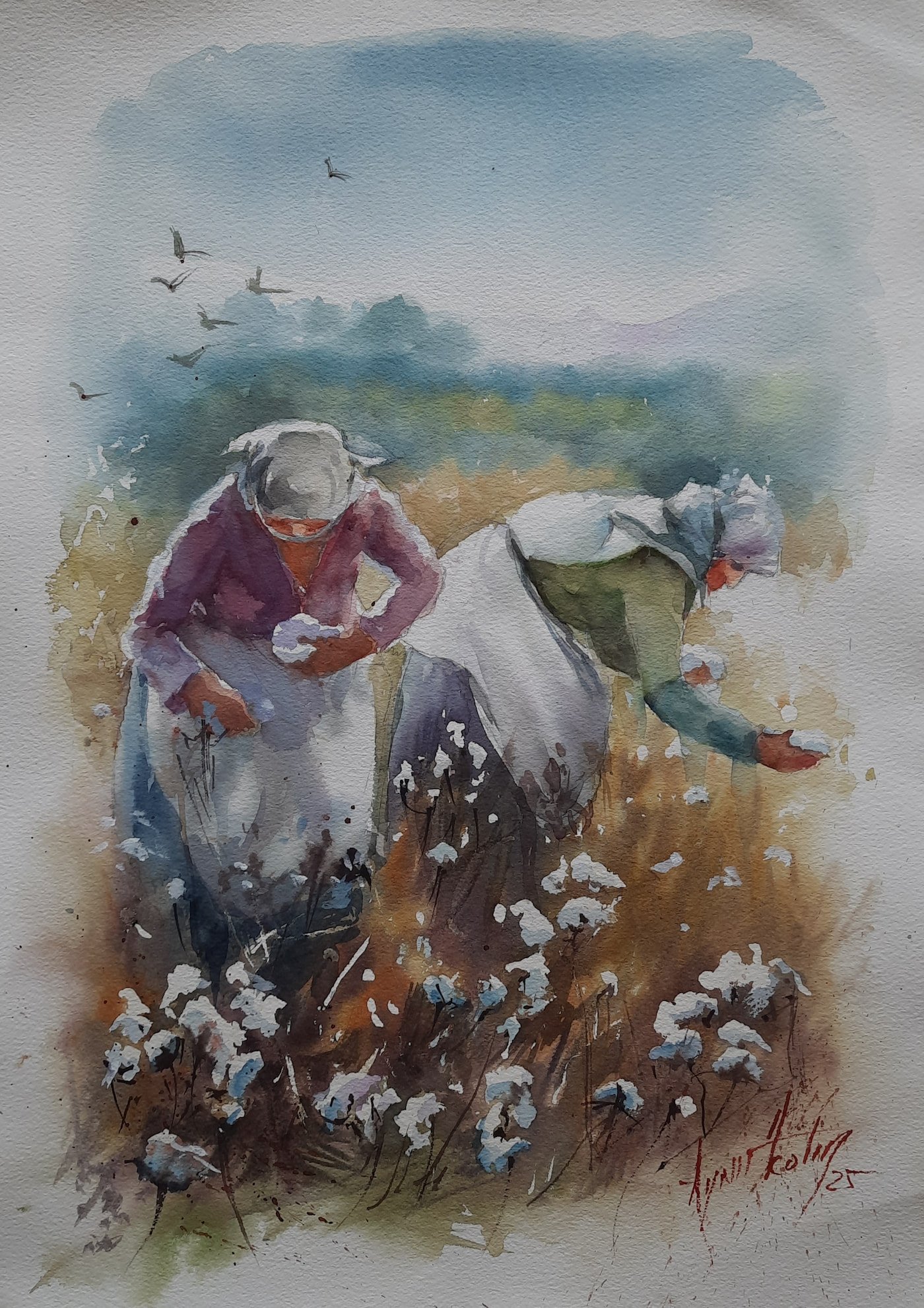 Pamuk tarlasında çalışan geleneksel kıyafetli kadınlar figüratif suluboya tablo çalışması.