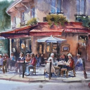 Paris Berthillon kafe önünde oturan insanlar, sıcak gün ışığı altında suluboya şehir manzarası tablosu.