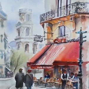 Ressam Aynur Akalın imzalı, Paris Cafe Du Metro temalı kırmızı tenteli dış mekan şehir manzarası suluboya tablo.