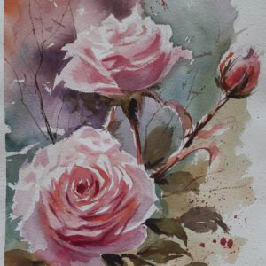 Ressam Aynur Akalın tarafından ıslak üstüne ıslak tekniğiyle çalışılmış pembe güller temalı orijinal suluboya tablo.