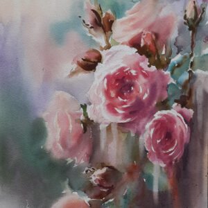 Ressam Aynur Akalın imzalı pembe güller ve tomurcuklar temalı özgün suluboya tablo çalışması.