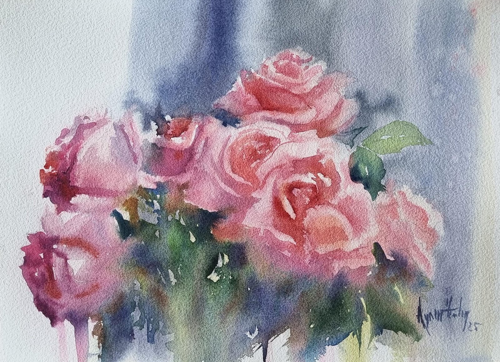 Aynur Akalın imzalı pembe güller konulu orijinal suluboya tablo, modern çiçek sanatı çalışması.