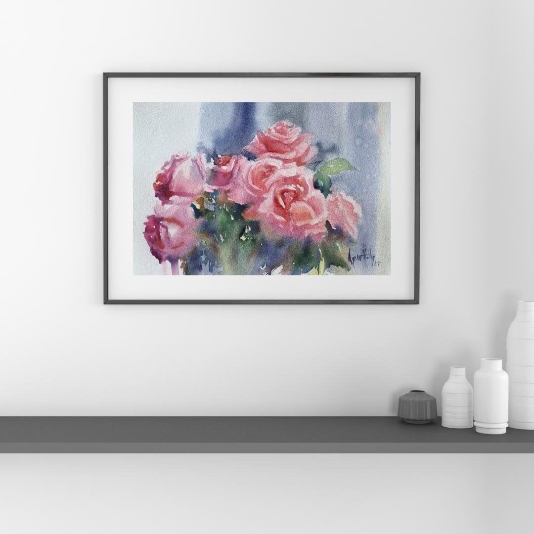 Aynur Akalın imzalı pembe güller konulu orijinal suluboya tablo, modern çiçek sanatı çalışması.