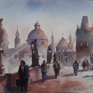 Prag Charles Köprüsü üzerinde yürüyen insanlar ve tarihi heykeller temalı orijinal suluboya tablo, Aynur Akalın eserleri.