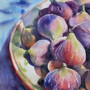 essam Aynur Akalın tarafından yapılmış, mor ve mürdüm tonlarında taze incir kompozisyonu içeren modern suluboya tablo.