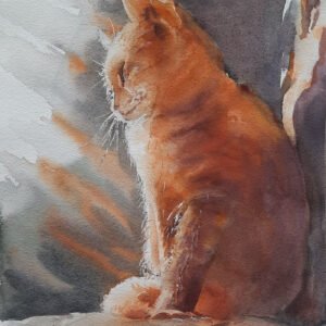 Dramatik ışık gölge oyunlarıyla betimlenmiş turuncu sarman kedi figürlü orijinal suluboya tablo.