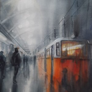 Sisli ve yağmurlu bir şehir istasyonunda bekleyen silüetler ve turuncu tramvay detaylı, sanatçı imzalı orijinal suluboya tablo.