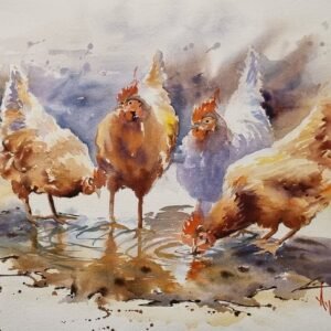 Su birikintisinden su içen tavuklar figüratif suluboya tablo çalışması, Aynur Akalın.