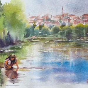 Su kıyısında eğilmiş çocuk figürü ve arka planda minareli köy manzarası betimleyen orijinal suluboya tablo