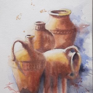 Ressam Aynur Akalın tarafından yapılmış, toprak tonlarında amfora ve küplerin resmedildiği özgün suluboya tablo çalışması.