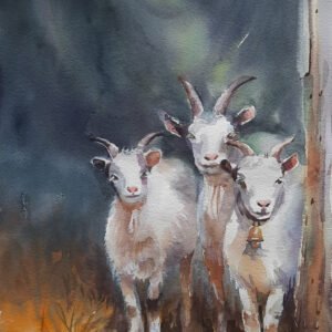Ressam Aynur Akalın imzalı, boyunlarında çan bulunan üç keçi figürlü, dramatik ışıklı özgün suluboya tablo.