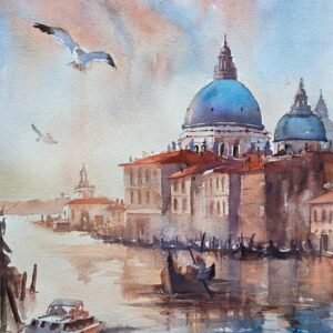 Venedik kanalı üzerinde gondol, martı ve Santa Maria della Salute bazilikası temalı mavi ve sıcak tonlarda suluboya tablo.