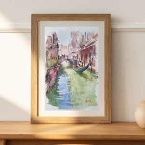 Venedik kanalı, tarihi köprü ve gondol temalı orijinal suluboya tablo - Aynur Akalın imzalı.