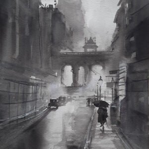 Ressam Aynur Akalın imzalı, yağmurlu şehir manzarası ve şemsiyeli figür betimlemeli monokrom suluboya tablo.