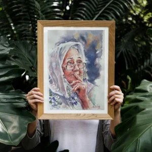 Yaşlı Kadın Portresi ve Tefekkür Temalı Orijinal Suluboya Tablo