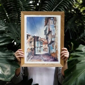 Tarihi Türk evleri ve dar sokak temalı orijinal suluboya tablo, Aynur Akalın imzalı sanat eseri.