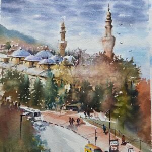 Bursa Ulucami'nin minarelerini, kubbelerini ve ön plandaki şehir trafiğini gösteren sanatçı imzalı orijinal suluboya tablo.