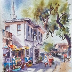 Tarihi bir sokakta yürüyen insanlar, beyaz cumbalı ev ve minare detaylı suluboya tablo.