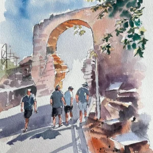 Ressam Aynur Akalın tarafından yapılmış, tarihi kemer altından geçen figürlerin resmedildiği ışık-gölge odaklı suluboya tablo.